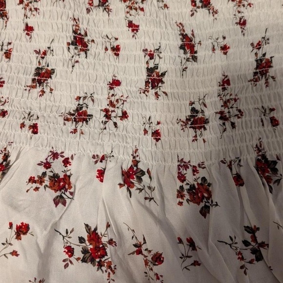 Floral Smocked Puff Sleeve Peplum Top White Red Square Neck Cottagecore Boho - Picture 3 of 6